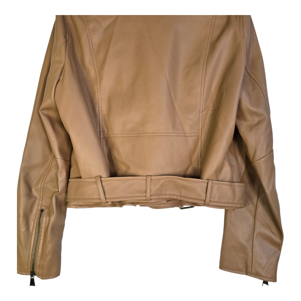 DKNY Women's Size Large Tan Faux Leather Moto Jacket, Belted With Zipper Details - Picture 6 of 11